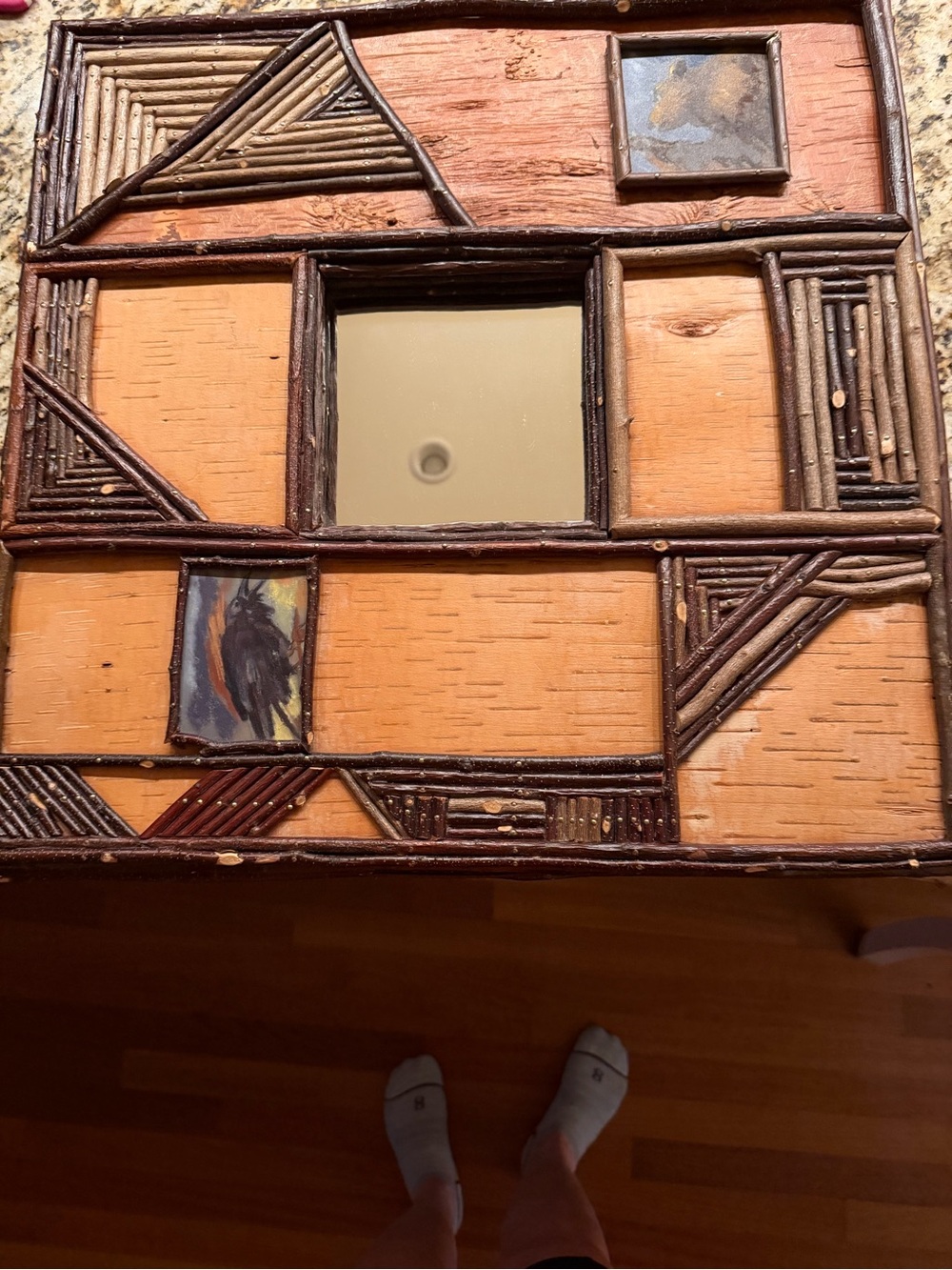 Rustic Geometric Wood Twig Wall Mirror - Brown
